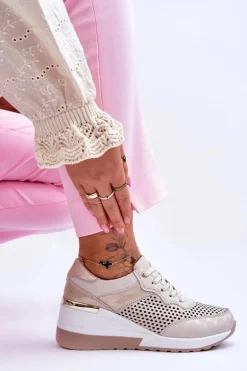 Damskie Skórzane Ażurowe Buty Sportowe Jasnobeżowe Virginia