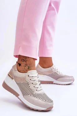 Damskie Skórzane Ażurowe Buty Sportowe Jasnobeżowe Virginia