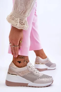 Damskie Skórzane Ażurowe Buty Sportowe Jasnobeżowe Virginia