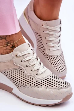 Damskie Skórzane Ażurowe Buty Sportowe Jasnobeżowe Virginia
