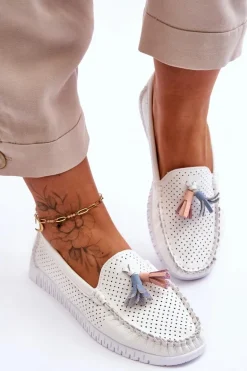 Damskie Skórzane Ażurowe Mokasyny Białe Lanzarot