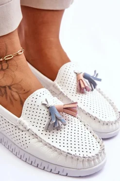 Damskie Skórzane Ażurowe Mokasyny Białe Lanzarot