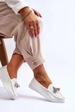 Damskie Skórzane Ażurowe Mokasyny Białe Lanzarot