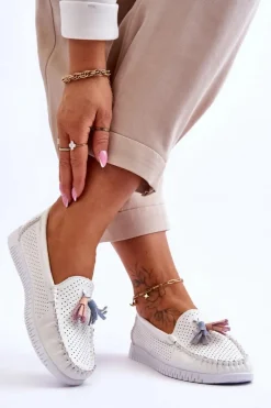 Damskie Skórzane Ażurowe Mokasyny Białe Lanzarot