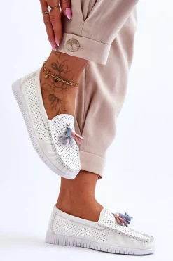 Damskie Skórzane Ażurowe Mokasyny Białe Lanzarot