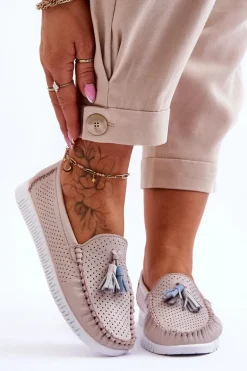 Damskie Skórzane Ażurowe Mokasyny Jasnoróżowe Lanzarot