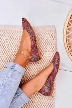 Damskie Skórzane Baleriny Maciejka Czerwone W Kwiaty 04100-38