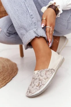 Damskie Skórzane Baleriny Maciejka Beżowo-Złote 01930-81