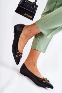 Damskie Skórzane Baleriny W Szpic Z Ozdobą Czarne Carlos