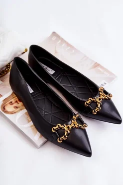 Damskie Skórzane Baleriny W Szpic Z Ozdobą Czarne Carlos