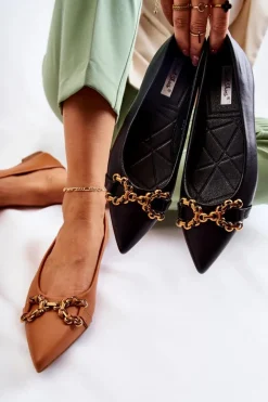 Damskie Skórzane Baleriny W Szpic Z Ozdobą Czarne Carlos