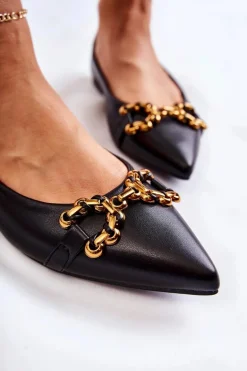 Damskie Skórzane Baleriny W Szpic Z Ozdobą Czarne Carlos