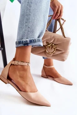 Damskie Skórzane Baleriny Sandały W Szpic Beżowe Caprise