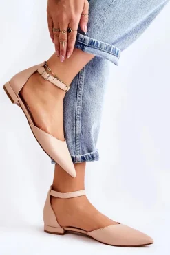 Damskie Skórzane Baleriny Sandały W Szpic Beżowe Caprise