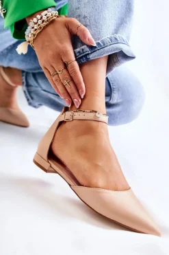 Damskie Skórzane Baleriny Sandały W Szpic Beżowe Caprise