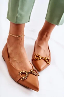 Damskie Skórzane Baleriny W Szpic Z Ozdobą Camel Carlos
