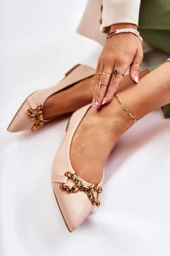 Damskie Skórzane Baleriny W Szpic Z Ozdobą Beżowe Carlos