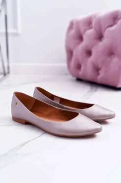 Damskie Skórzane Baleriny Maciejka Metaliczne Beżowe 04100-10