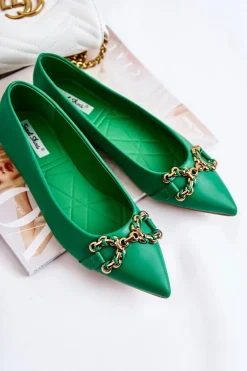 Damskie Skórzane Baleriny W Szpic Z Ozdobą Zielone Carlos