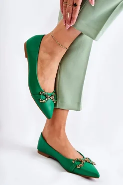 Damskie Skórzane Baleriny W Szpic Z Ozdobą Zielone Carlos