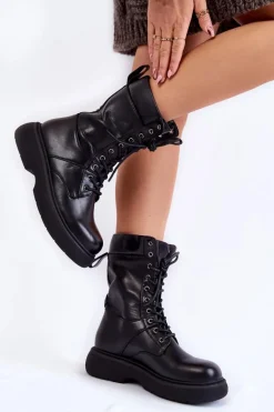 Damskie Skórzane Botki Glany Sznurowane Czarne Passione