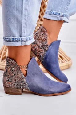 Damskie Skórzane Botki Maciejka Granatowe 04091-27