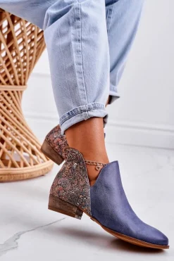 Damskie Skórzane Botki Maciejka Granatowe 04091-27