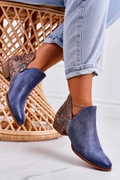 Damskie Skórzane Botki Maciejka Granatowe 04091-27