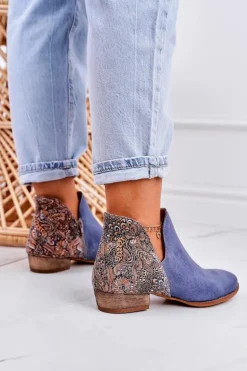 Damskie Skórzane Botki Maciejka Granatowe 04091-27