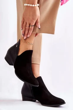 Damskie Skórzane Botki Maciejka Czarne Wzór Zwierzęcy 04091-62