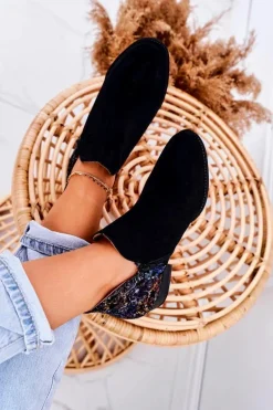 Damskie Skórzane Botki Maciejka Czarne Z Kwiatami 04091-57