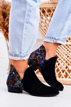 Damskie Skórzane Botki Maciejka Czarne Z Kwiatami 04091-57