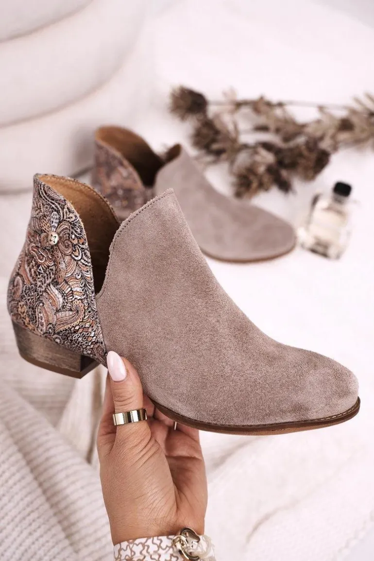 Damskie Skórzane Botki Maciejka Beżowe 04091-04