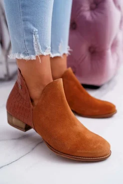 Damskie Skórzane Botki Maciejka Rude Wzór Zwierzęcy 04091-29