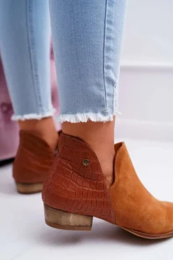 Damskie Skórzane Botki Maciejka Rude Wzór Zwierzęcy 04091-29