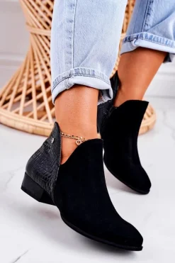 Damskie Skórzane Botki Maciejka Lakierowane Czarne Wzór Zwierzęcy 04091-72