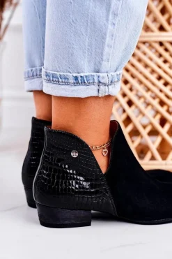 Damskie Skórzane Botki Maciejka Lakierowane Czarne Wzór Zwierzęcy 04091-72