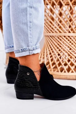 Damskie Skórzane Botki Maciejka Lakierowane Czarne Wzór Zwierzęcy 04091-72