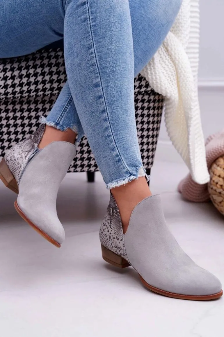Damskie Skórzane Botki Maciejka Szare 04091-03