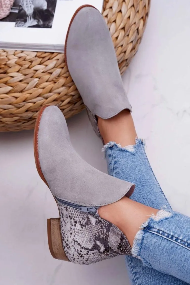 Damskie Skórzane Botki Maciejka Szare 04091-03