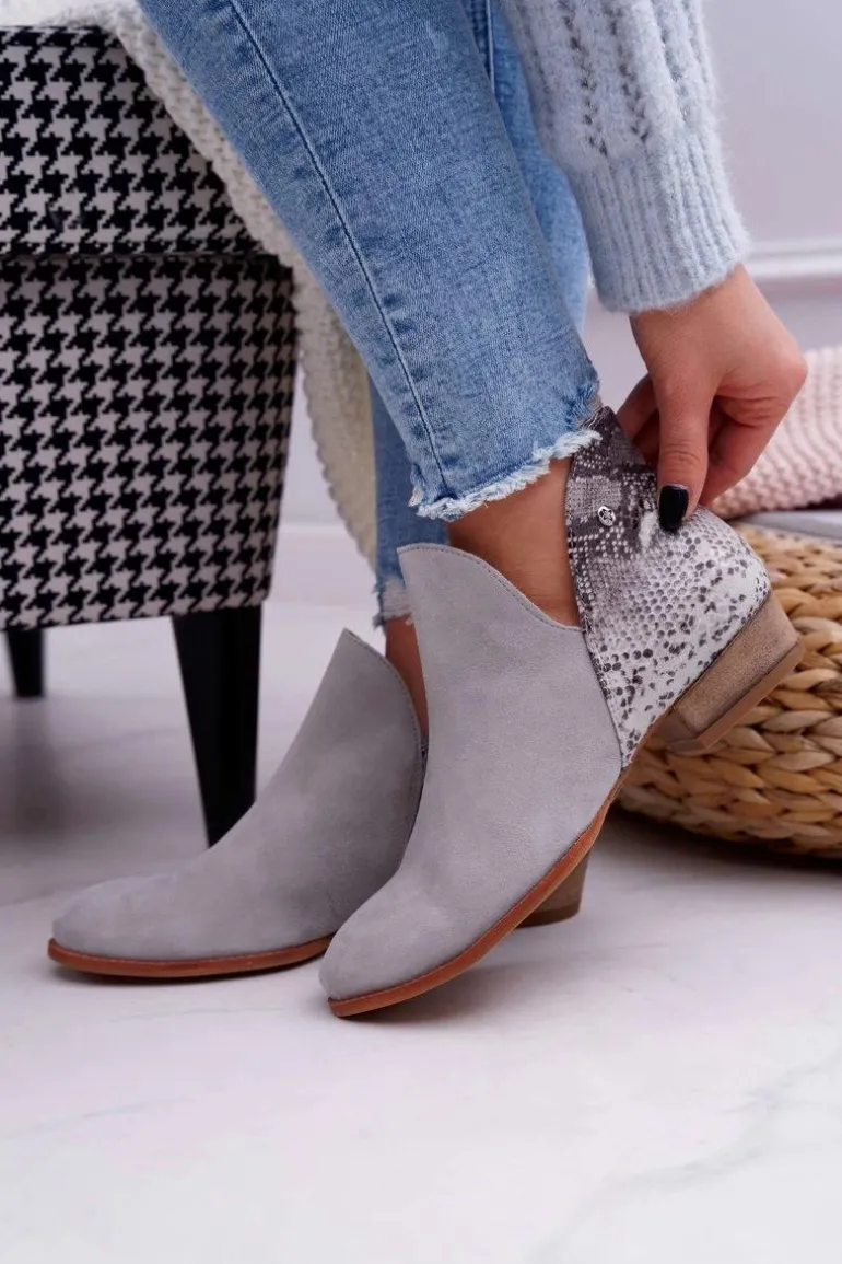 Damskie Skórzane Botki Maciejka Szare 04091-03