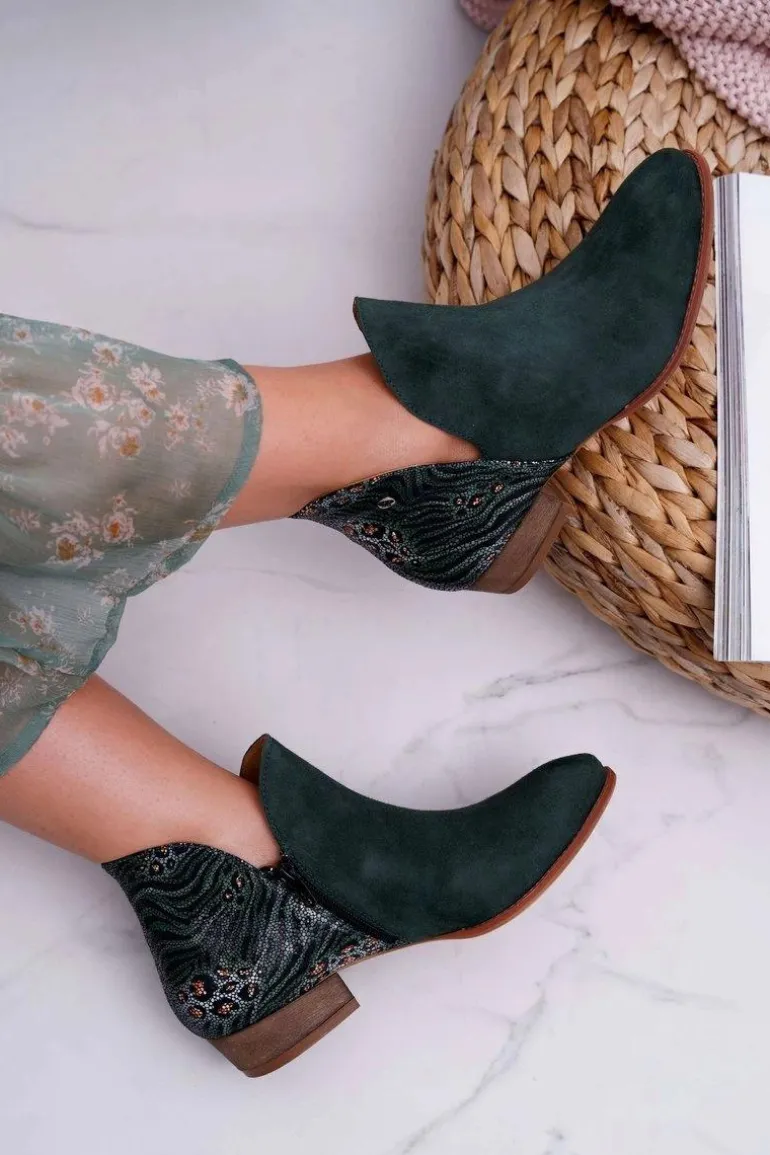 Damskie Skórzane Botki Maciejka Zielone 04091-19