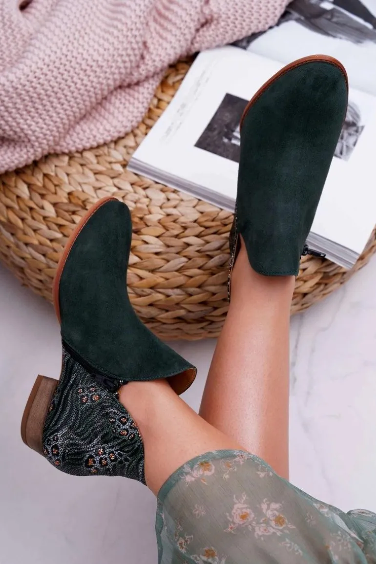 Damskie Skórzane Botki Maciejka Zielone 04091-19