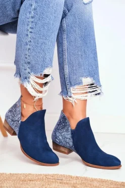 Damskie Skórzane Botki Maciejka Granatowe 04091-47