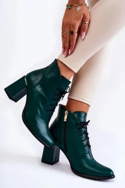 Damskie Skórzane Botki Na Słupku Zielone Carrice