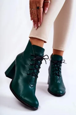 Damskie Skórzane Botki Na Słupku Zielone Carrice