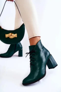 Damskie Skórzane Botki Na Słupku Zielone Carrice