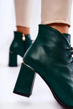 Damskie Skórzane Botki Na Słupku Zielone Carrice