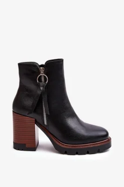 Damskie Skórzane Botki Na Słupku Czarne Brittney