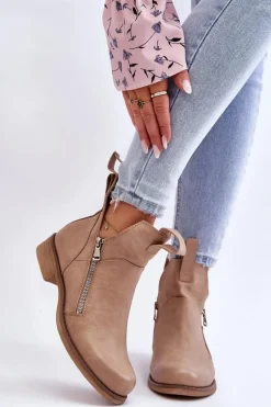 Damskie Skórzane Botki Na Płaskim Obcasie Beżowe Artemis